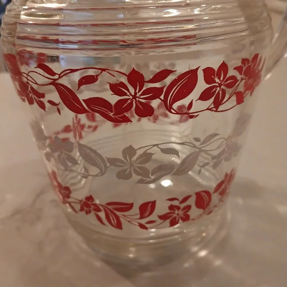 1950s MCM Hazel Atlas Clematis Floral Ribbed Ice Lip Glass Pitcher - Rare!